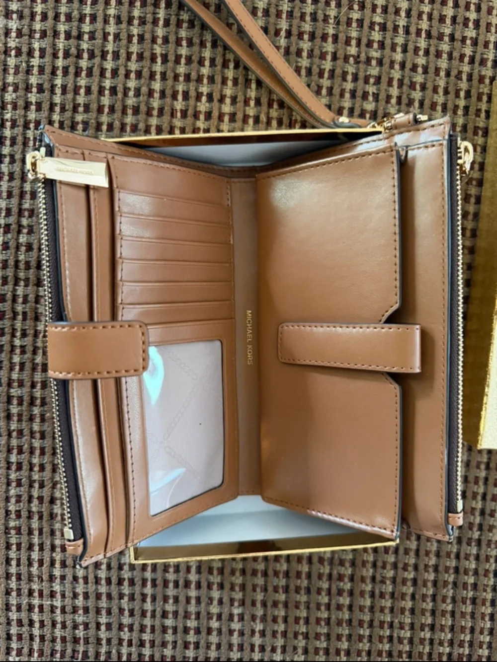 Michael Kors Brown Star Print Wristlet/Wallet with Gold Accents